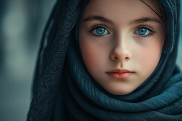 Portrait of charming little Muslim girl looking at camera, Young Islamic girl close up photograph isolated in copy space blurry background, sharp looking beautiful innocent Muslim kid wearing hijab