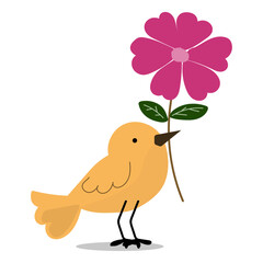 a yellow bird with a pink flower. vector illustration 