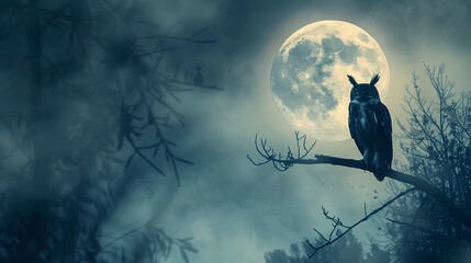 owl with full moon on night hallowen scene