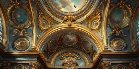 Fototapeta premium Baroque, Barocco Ornate Marble Ceiling Non-Linear Reformation Design with Intricate Accents Depicting Classic Elegance and Architectural Beauty