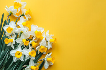 Fototapeta premium bouquet of daffodils on yellow background, flat lay photography, copy space for text,