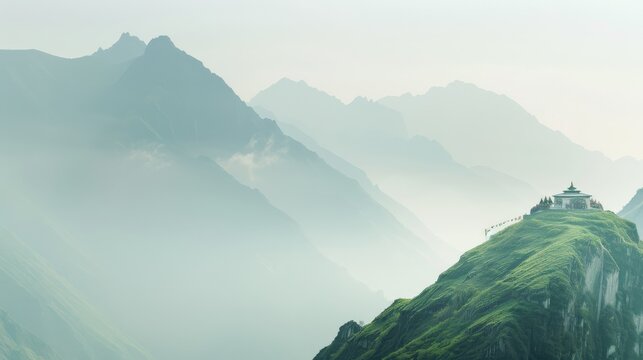 A serene Buddhist monastery perched on a mountain peak with monks in saffron robes performing a sacred ceremony surrounded by prayer flags fluttering in the wind and a breathtaking view of the Himalay