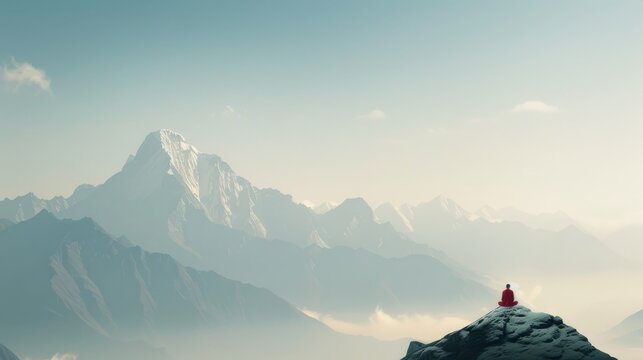 A serene Buddhist monastery perched on a mountain peak with monks in saffron robes performing a sacred ceremony surrounded by prayer flags fluttering in the wind and a breathtaking view of the Himalay