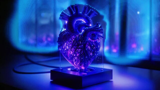 Translucent Ornate Heart-Shaped Object, Glass or Crystal, Illuminated from Below with Purple Hue. Glowing Effect Highlights Intricate Details. Placed on Square Base with Blue and Purple Ambient Lights