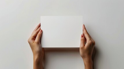 Mockup booklet presentation: Woman's hands hold blank white flyer on white background 