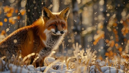 Fototapeta premium Red fox prowling through a snowy forest, animal, sleek and cunning