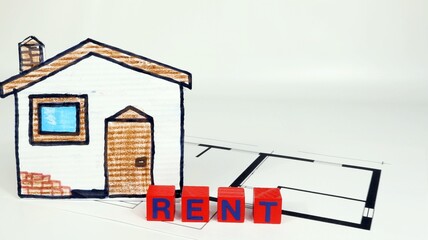 Casa in vendita con scritta "RENT" con un disegno di casa e appartamento su sfondo bianco.