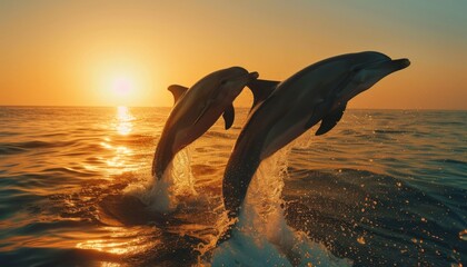 Fototapeta premium Playful dolphins jumping out of the ocean at sunrise, animal, joyful and free