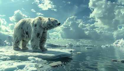 Polar bear standing on a melting ice floe in the Arctic, animal, poignant and evocative