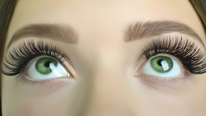 Obraz premium Eyelash extension procedure in a beauty salon, close-up. Beautiful green eyes of a woman with long eyelashes.