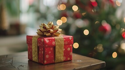 Elegant Red and Gold Gift Box on Table with Blurred Christmas Tree, Festive Season Celebration