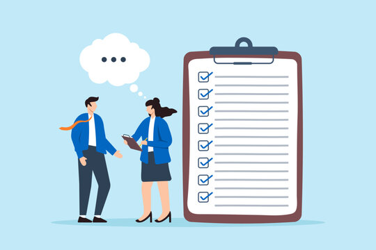 Businesswoman conducting interview with checklist concept thorough candidate assessment systematic evaluation detailed questioning