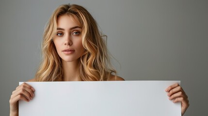 Naklejka premium Blonde hot woman holding blank placard with copy space for advertisement