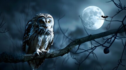 owl with full moon on night hallowen scene