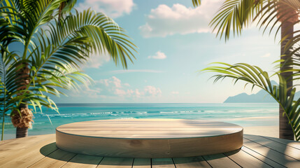 Fototapeta premium Summer product display on wooden podium at sea tropical beach. 