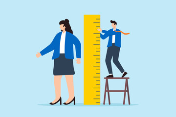 Recruiter measuring candidates with ruler evaluating qualifications precise assessment detailed scrutiny hiring accuracy