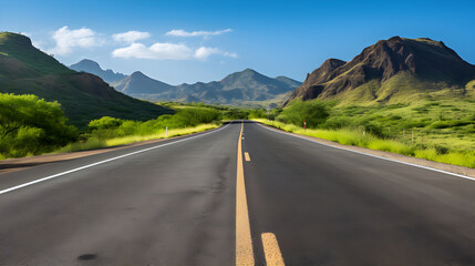 Fototapeta premium Open Road Adventure: An Inviting Asphalt Road to The Horizon Between Mountains and Blue Sky