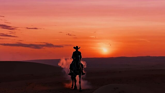cowboy on horse with sunset landscape	