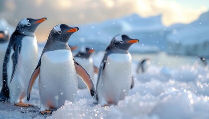 Obraz premium Group of penguins huddling together in an icy landscape, animal, heartwarming and communal