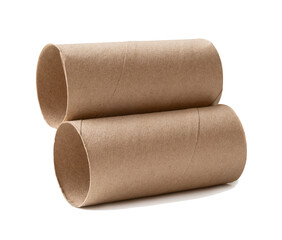 Side view of brown tissue paper cores in stack isolated with clipping path and shadow in png file format
