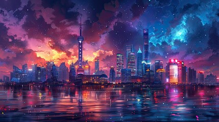 A vibrant cityscape at night, with illuminated landmarks, bustling streets.