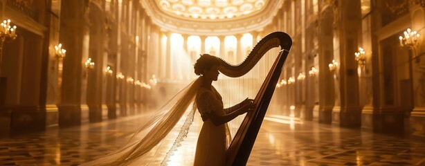 playing a harp in an elegant hall, with soft light illuminating the instrument and the musician
