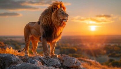 Majestic lion with a golden mane standing on a rocky outcrop at sunset, animal, powerful and regal imagery,