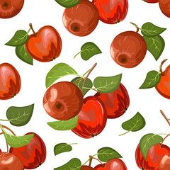 Branches with apples in the pattern.Branches with apples on a white background in color vector illustration.