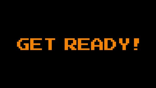 Single line &ldquo;Get Ready&rdquo; in an Orange, rotating and shaking gently. White, Black, and Green Chroma Key bg. Ideal for video games, online ads, and design. Retro 8-bit game aesthetic.