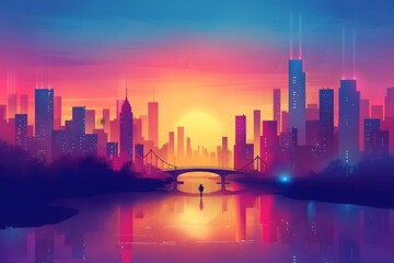 Obraz premium A flat design landscape of a modern city with minimalist buildings, a single bridge crossing a river, and a bright, neon colored sky