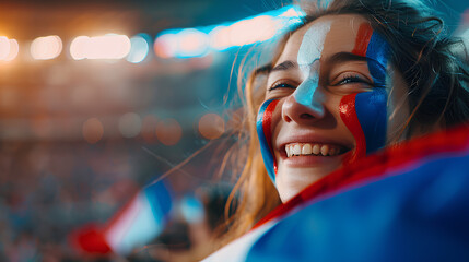 Happy French woman supporter with face painted in French flag colors, blue white and red, fan at a sports event such as football or rugby match, blurry stadium background and copy space