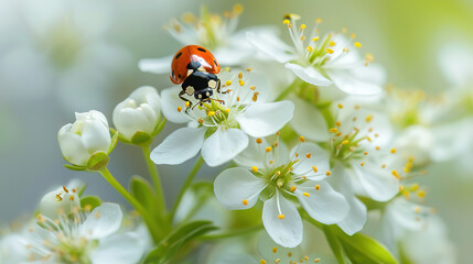 A closeup of the ladybug on a white flower,