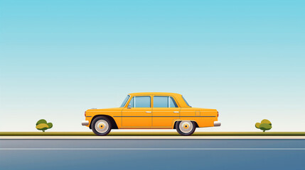 Yellow classic car driving on a road with blue sky.