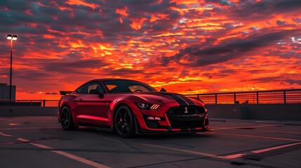 Fototapeta premium Red and black car parked on asphalt outdoor parking lot in the evening time with sunlight of sunset and beautiful orange sky background. 
