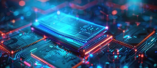 Circuit Board with Glowing Lines and a Chip