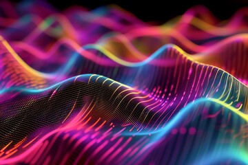 3D rendering of a dynamic wave pattern, featuring a spectrum of vivid colors in a seamless flow, Multi colored sine waves in geometric grid pattern, AI generated