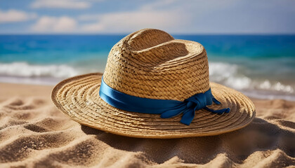 blue-ribboned straw hat rests on a sunny beach.
Sandy beach scene with a straw hat.
Summer vacation vibes with a straw hat on the sand.
Beach relaxation - straw hat by the ocean.