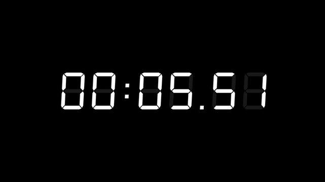 6 Digits Matte White Digital Countdown Timer Starting at 00:10:00 (10 seconds) on Black Background, Featuring High-Visibility LED Display. 4K Motion Graphics.