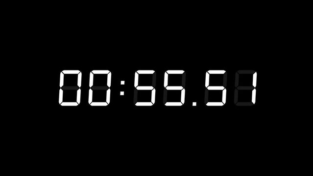 6 Digits Matte White Digital Countdown Timer Starting at 01:00:00 (60 seconds, 1 minute) on Black Background, Featuring High-Visibility LED Display. 4K Motion Graphics.