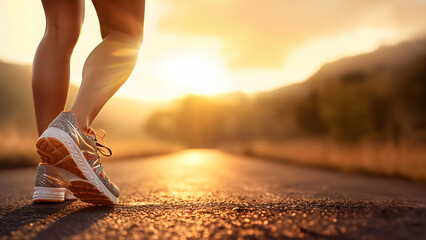 Runner feet walking on road  close up on shoe , beautiful views on background