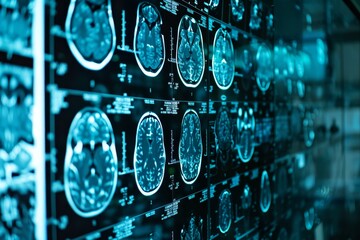 A room filled with a vast array of MRI images for medical analysis, AI algorithms analyzing medical imaging scans to assist with decision-making in the operating room