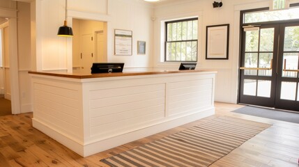 Cozy boutique hotel front desk with a friendly concierge, guests checking in, tasteful decor, and a welcoming vibe, emphasizing personal and warm service