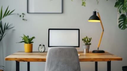 Fototapeta premium Cozy home office setup with a rustic wooden desk, a warm desk lamp, and a supportive ergonomic chair, surrounded by plants and soft lighting