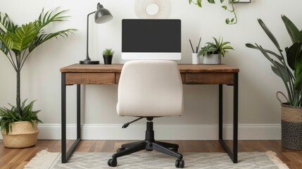 Fototapeta premium Cozy home office setup with a rustic wooden desk, a warm desk lamp, and a supportive ergonomic chair, surrounded by plants and soft lighting
