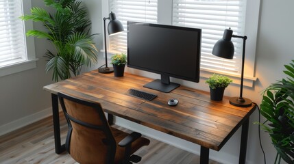 Fototapeta premium Cozy home office setup with a rustic wooden desk, a warm desk lamp, and a supportive ergonomic chair, surrounded by plants and soft lighting