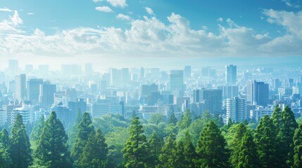 Naklejka premium Cityscape with Fog and Lush Greenery