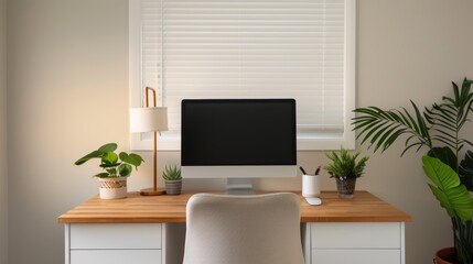 Cozy home office setup with a rustic wooden desk, a warm desk lamp, and a supportive ergonomic chair, surrounded by plants and soft lighting