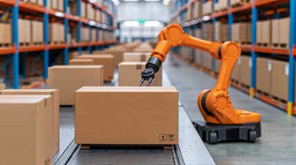 Fototapeta premium Efficient handling of packages in a modern warehouse, robotic arms sorting and organizing parcels for swift delivery, high-tech logistics