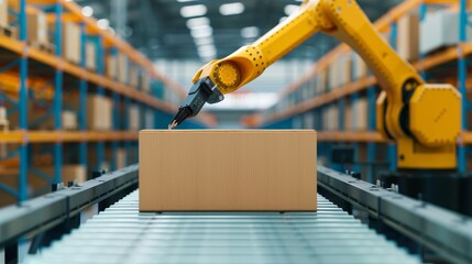 Efficient handling of packages in a modern warehouse, robotic arms sorting and organizing parcels for swift delivery, high-tech logistics