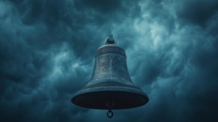 Elegant bell metal service infused with lightning, set against a turbulent stormy sky, vibrant bolts of energy striking down